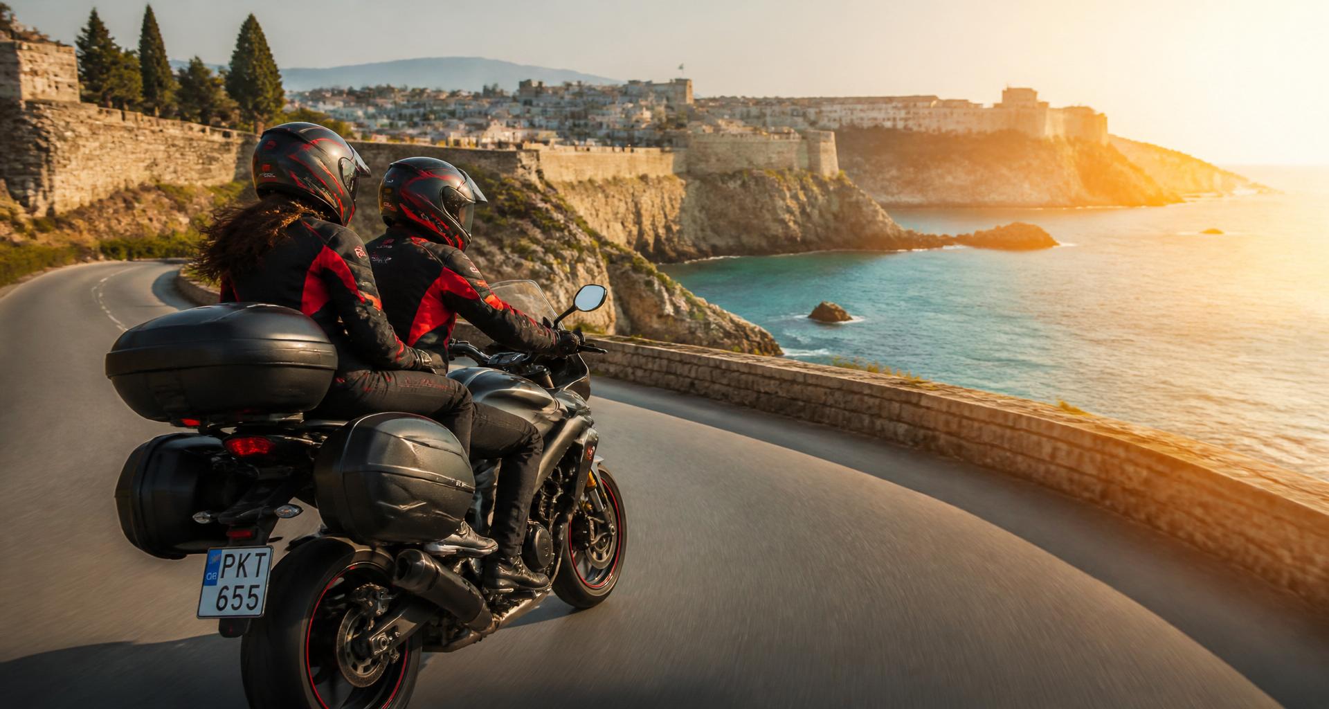 Couple riding a motorcycle on the coast of Rhodes